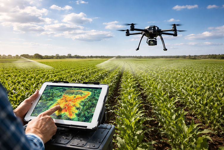 Gestor agrícola analisando informações da operação no campo
